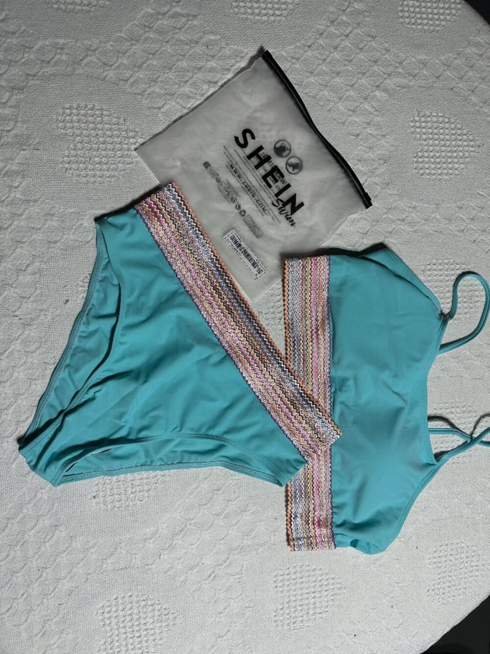 SHEIN Swim Turquoise Two Piece Bikini Set XL High Waist Colorful Trim